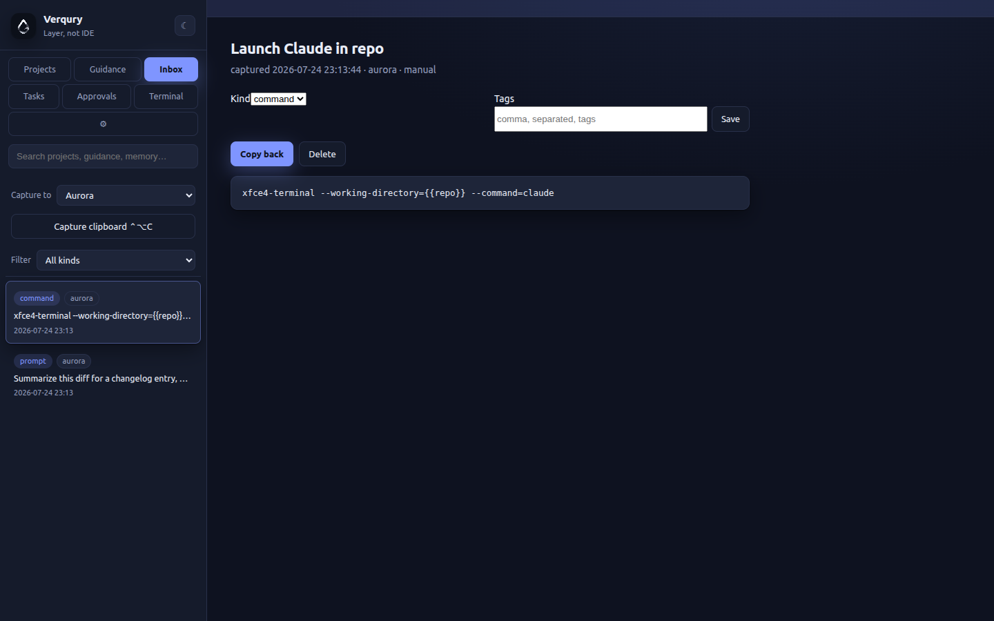 Verqury artifact inbox with captured prompts and commands