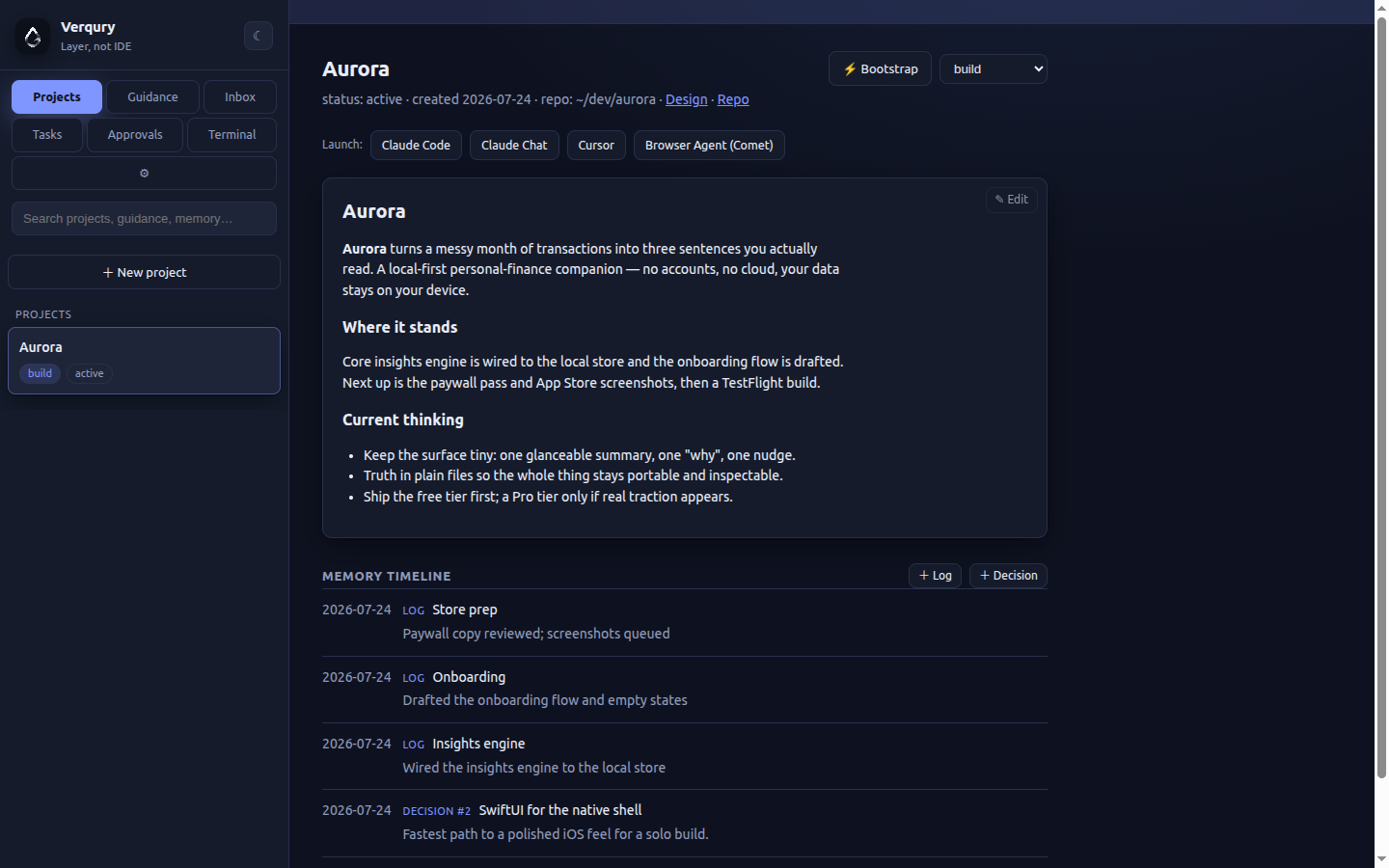 Verqury projects view — narrative, memory timeline, and launch buttons for each AI surface