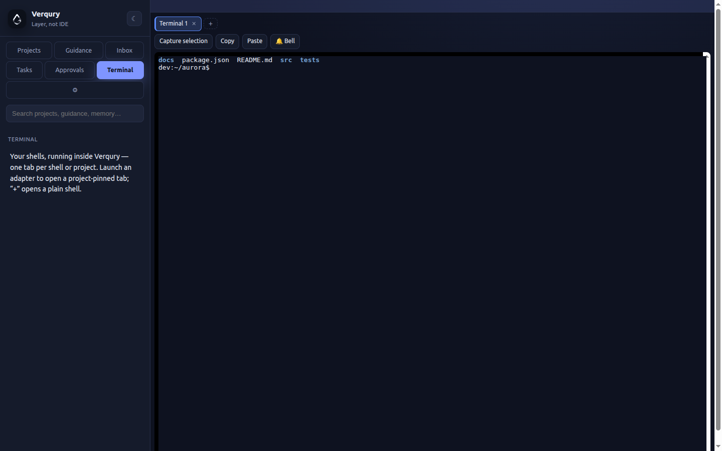 Verqury's embedded terminal — a real shell running in a tab beside the project